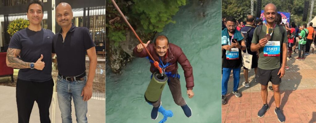 |Alok bungee jumping in Canada||||||||Alok Bungee Jumping|||Alok Cricket tournament|||Alok Bungee Jumping|||Alok and his wife with Luke|||||||||Alok marathons 10K